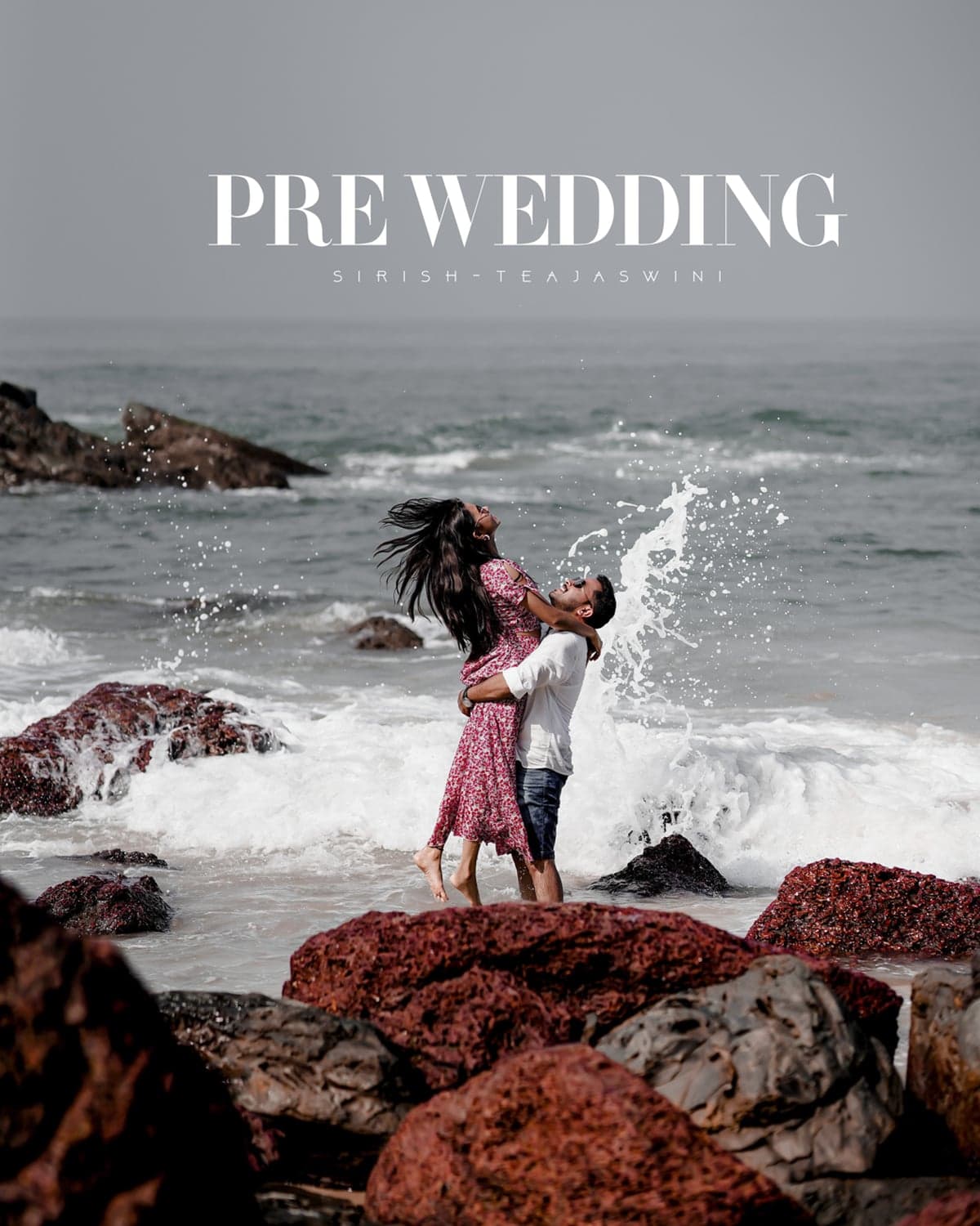 Pre-wedding cover photo of Sirish and Tejaswini embracing as a wave splashes behind them, with "Pre Wedding" title text