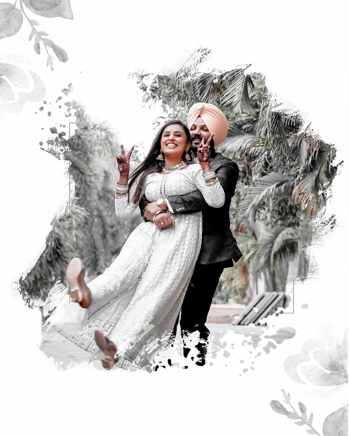 Sirish and Tejaswini laughing together in a playful pose, styled as a black-and-white watercolor keepsake