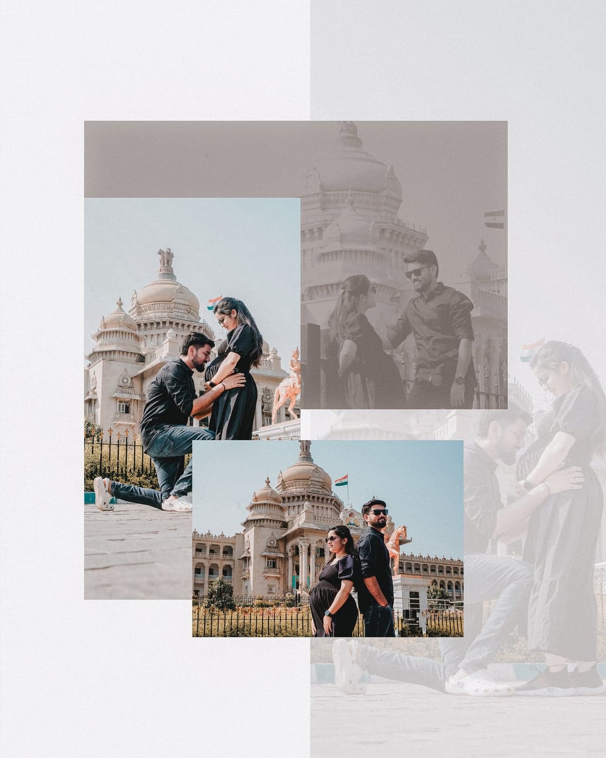 Pregnancy announcement collage of the couple in front of a domed heritage building with the Indian flag