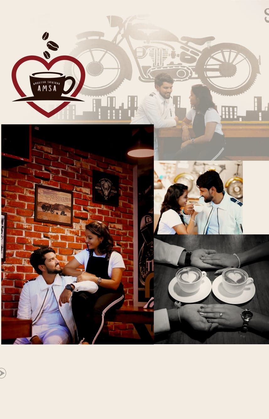 Collage of a couple’s cafe date with latte-art hearts and candid laughs